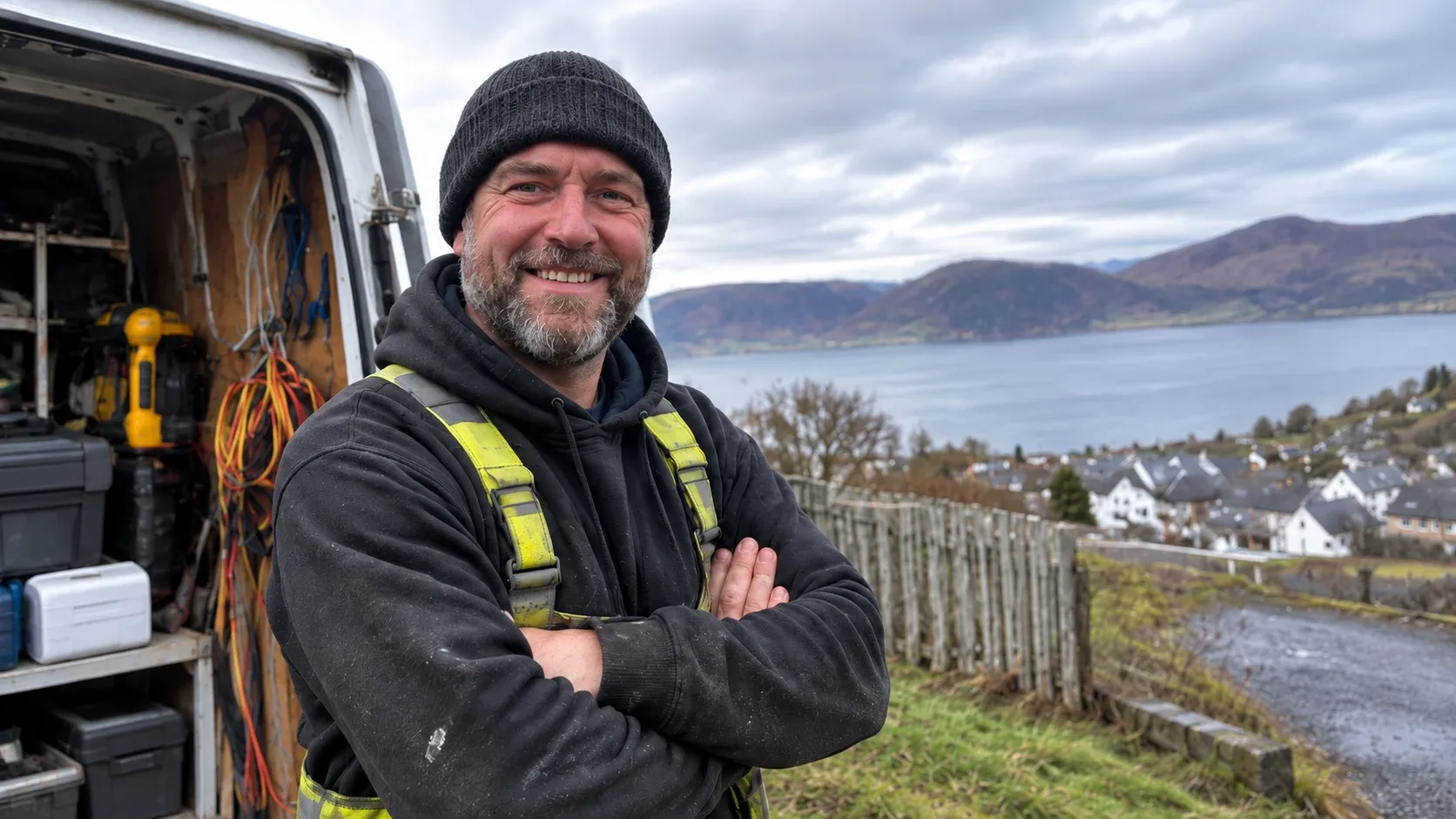 A smiling tradesperson in a hi-vis harness beside their van, with a loch and a hillside village behind