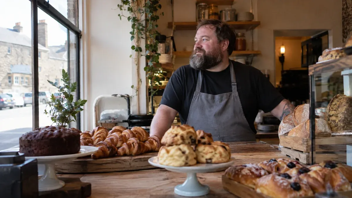 A baker behind a counter of fresh pastries and cakes